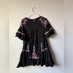 Free People Black Bohemian Dress with Pink and Purple Embroidery